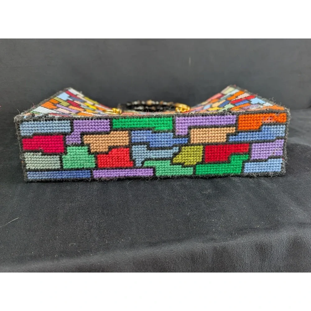 VTG Handmade Plastic Canvas Bead Handle Purse Tote Roses Geometric Shapes NM